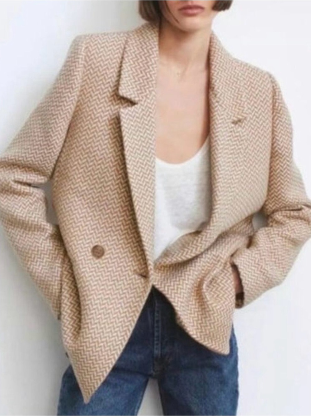 Anine Bing | Oversized Fishbone Blazer Tan/White Herringbone Print Size Md
